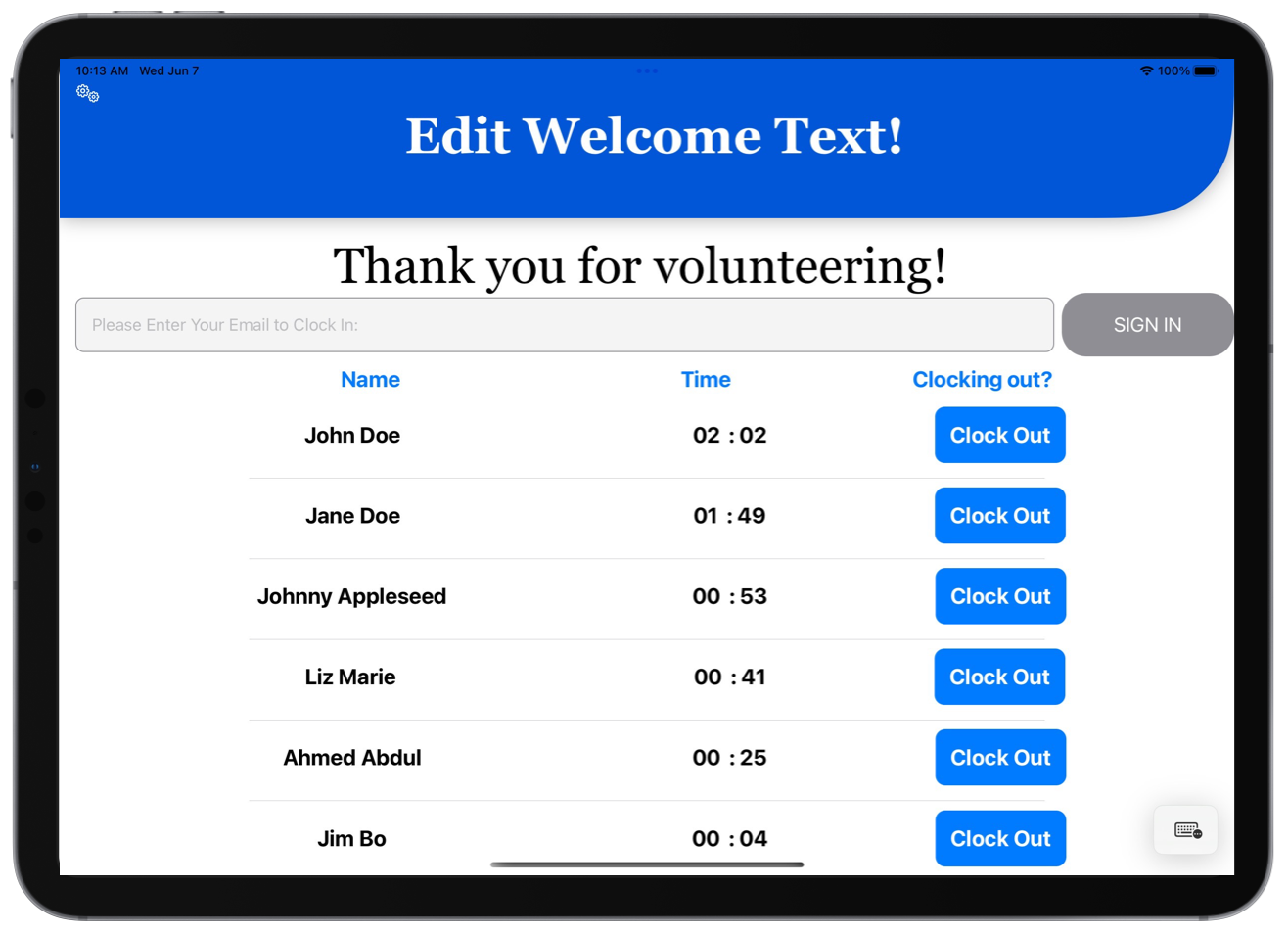 Chronokeepr volunteer app on iPad